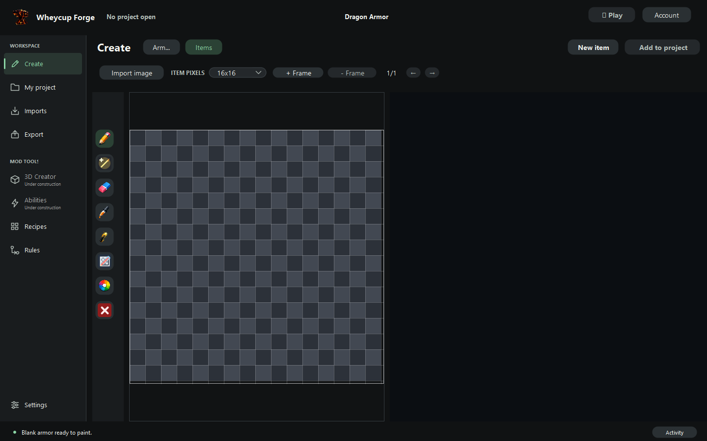 Wheycup Forge desktop interface with the item editor and project tools